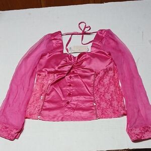 Lucy Paris Hot Pink Satin Blouse w/ Sheer Sleeves Lace Panels Gem Buttons Size L